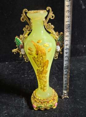 工艺品仿古做旧龙凤鎏金凤花瓶摆件镶嵌工艺品居家客厅杂项摆件