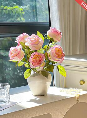 雪峰焦边玫瑰花仿真花假花花束家居客厅餐桌花摆件高级仿生花摆设