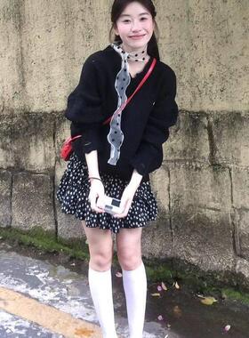 超美氛围感!黑波点白丝巾寄脖脖子配饰丝带绑头发发带气质高级感
