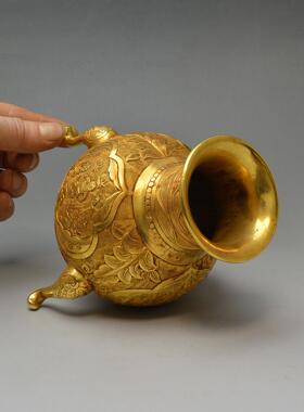 厂家 仿古做旧纯铜鎏金婴戏纹三足花瓶铜工艺品摆件 来图定制