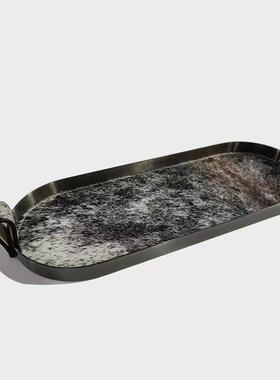 现代简约斑点灰色马毛皮革托 托盘置物盘软装饰品摆件样板间样品