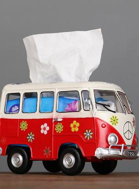 美式复古冲浪滑板巴士纸巾盒创意汽车纸巾抽纸盒铁艺模型摆件