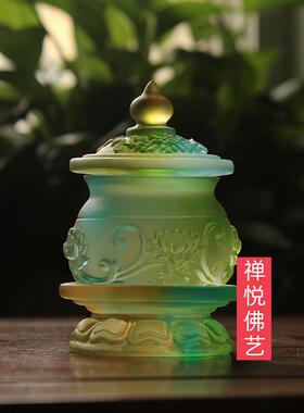 禅悦佛艺手工古法琉璃浮雕莲花圣水杯佛供用品水贡杯摆件佛前供具