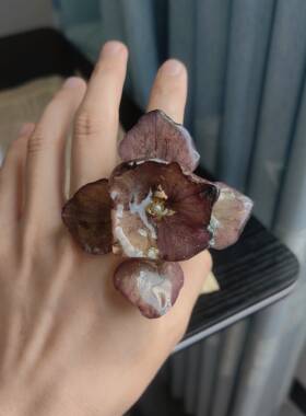 原创手作吸色真花滴胶戒指发夹小众森系法式复古真花特色开口戒指