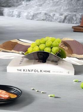 欧式银色304不锈钢不规则流线果盘托盘摆件厨房餐厅样板房软装饰