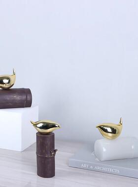 现代新中式玄关客厅书房金色树脂竹节小鸟摆件工艺品书架软装饰品