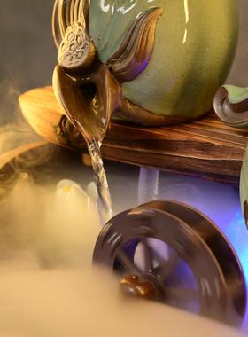 中式家居招财风水轮鱼缸假山流水喷泉摆件加湿器装饰玄关氛围台灯