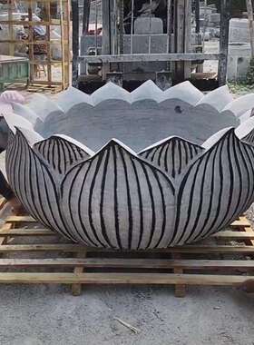 石雕青石鱼缸圆形汉白玉莲花盆养鱼池石盆庭院青石荷花缸户外装饰