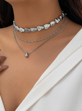 欧美跨境饰品简约水滴吊式扁圆串珠锁骨链个性金属风项链necklace