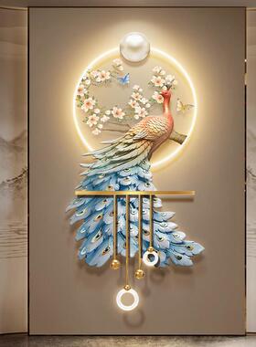 现代轻奢孔雀玄关装饰画寓意好走廊尽头带灯挂画茶室立体发光壁画