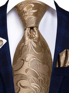 Hi-Tie Champagne Gold Striped Paisley Solid Men Silk Wedding