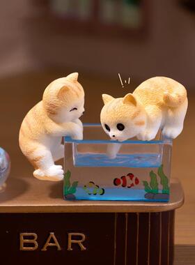 捞鱼爬缸小花猫咪公仔 娃娃屋鱼缸水族diy装饰品配件迷你小摆件