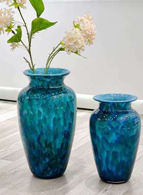 孔雀蓝琉璃厚实玻璃花摆件客厅插花客厅玄关样板间售楼部花器