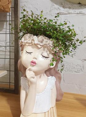 个性多肉花盆卡通女孩头像少女心艺术盆栽大口径创意油画吊兰简约