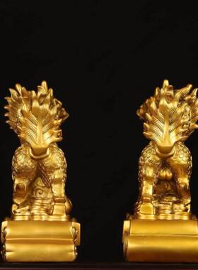一对鎏金铜色招财麒麟仿铜财富麒麟办公室客厅家居装饰工艺品摆饰