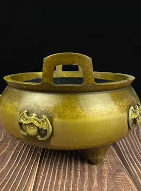黄铜蝙蝠香炉仿古大明宣德炉古玩摆件家居熏香礼佛供香