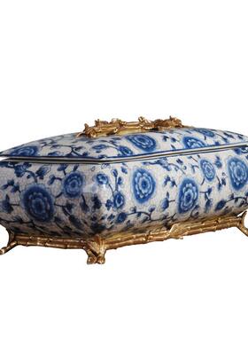 中式陶瓷配铜将军罐摆件 青花瓷果盘纸巾盒烟灰缸花瓶客厅装饰品