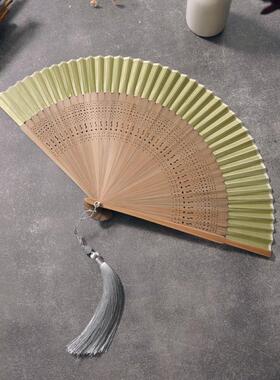 扇子折风742521-2扇中国风女式古古典舞蹈扇艺扇纯扇色素色折绿色