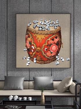 新中式客厅装饰画红色花鼓可爱小熊猫入户玄关壁画样板间方形挂画
