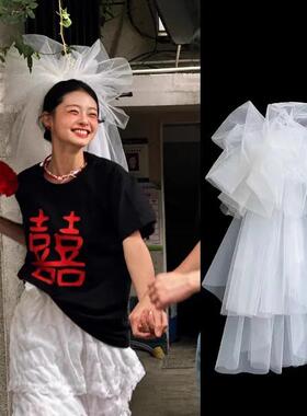 2025新款头纱抓泡云朵蓬蓬头纱韩式新娘摄影造型街拍婚纱跟妆白色