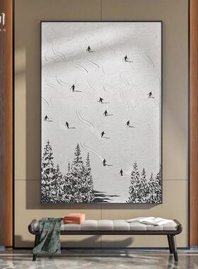 现代简约抽象人物滑雪场风景小众黑白客厅装饰画玄关壁画竖版挂画
