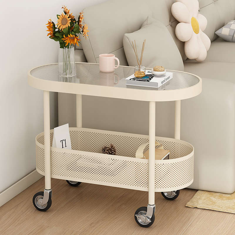 Cream style movable small coffee table sofa side table living room wheeled trolley side cabinet simple modern bedside table