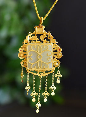 鱼跃龙镀门金色锁链骨项J364嵌仿和田玉女女民风中国风毛族衣链送