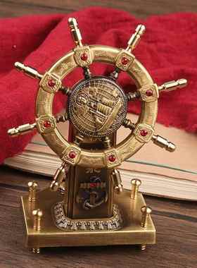 正品纯黄铜领航舵盘摆件公桌面饰载小摆件舵办装手航海工车艺品礼