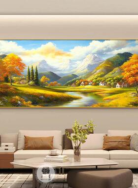 2024新聚宝盆靠背画客厅大白墙装饰画流水财富山水画沙发背挂画