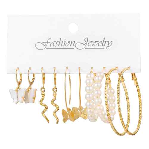 Women Trendy Jewerly Gold Pearl Hoop Earrings Set - 图3
