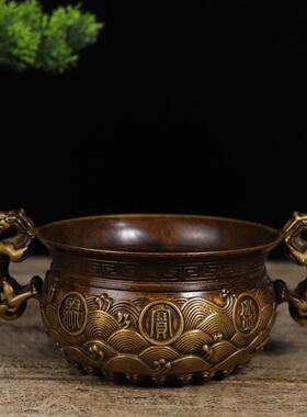 纯铜聚宝盆摆件螭龙耳聚宝盆仿古双耳铜香炉家居工艺品摆设装饰品