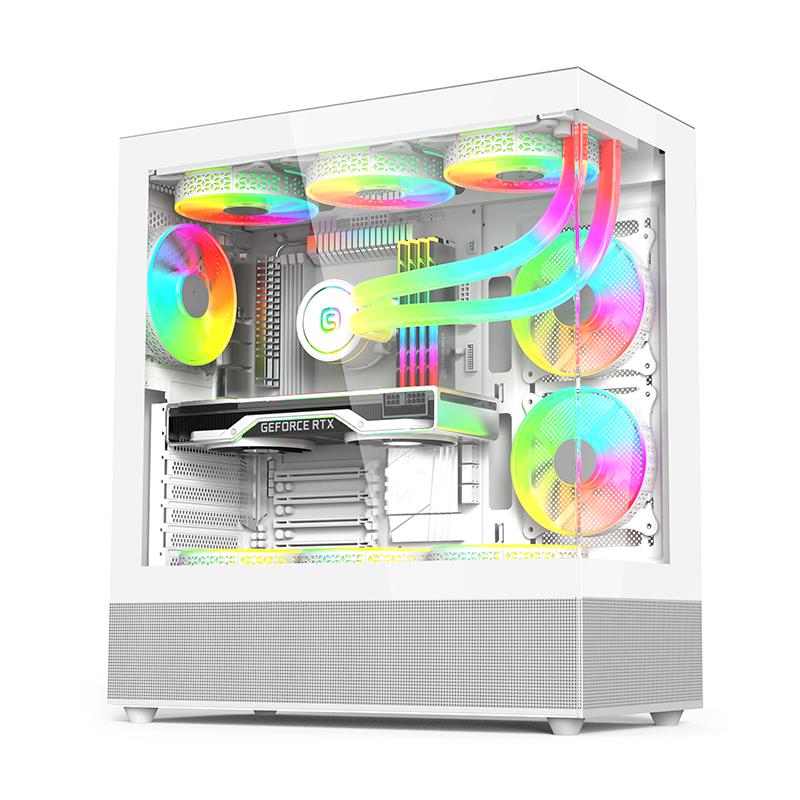 韵美达无立柱全景海景房电脑机箱台式机ATX大板360水冷diy外壳白-图1