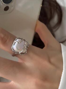 韩版S925镀银个性C型戒指女复古时尚水滴肌理开口指环嘻哈食指戒