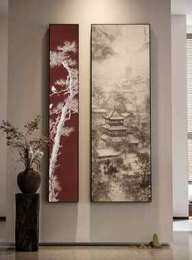 新中式玄关红色抽象古松建筑客厅装饰画双联竖版书房茶室壁画挂画