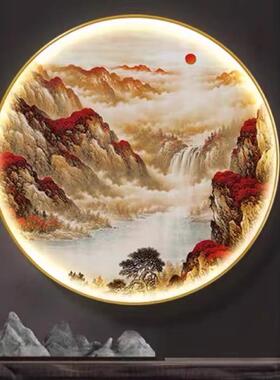 鸿运当头玄关装饰画带灯新中式圆形茶室背景墙灯画办公室山水挂画