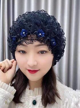遮白发头巾美人纱弹力蕾丝护头发假发穆斯帽网红款蕾丝家居帽层层