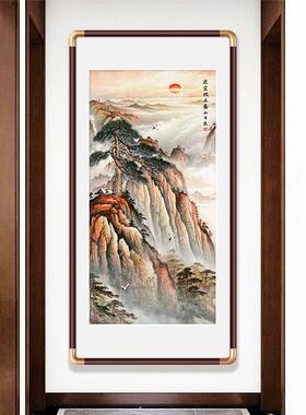 玄关迎客松新中式挂画泰山日出山水画国画入户走廊过道装饰画竖版