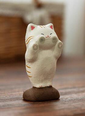 日本进口龙虎堂可爱猫咪家居摆件日式手工陶瓷装饰车载摆件