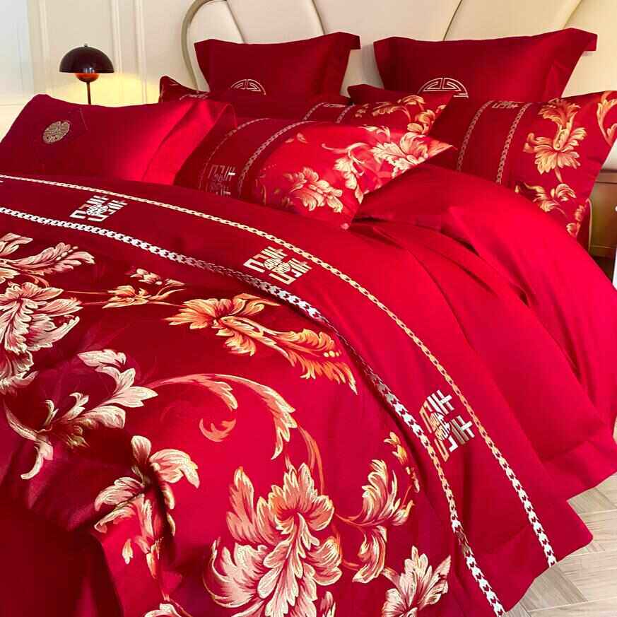 结婚喜庆床上用品四件套高档婚庆纯棉全棉床单被套大红色新婚嫁房,淘宝优惠券,粉丝福利购,淘宝优惠卷