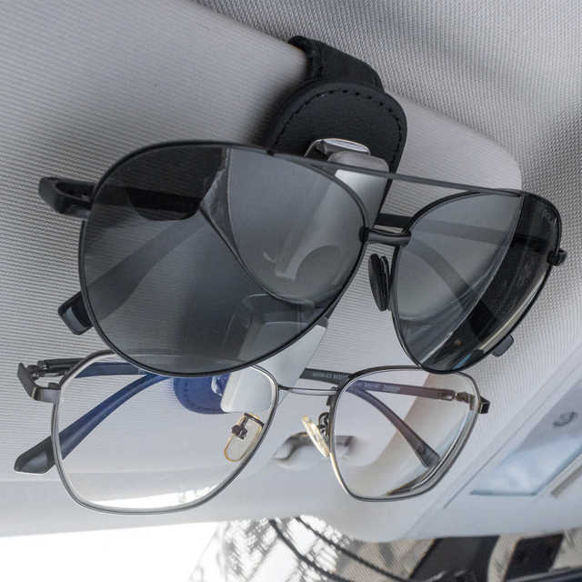 Car glasses clip leather sun multi-function sun visor bill card storage car sunglasses box clip holder