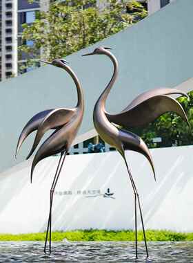 新中式彷铜仙鹤水池现代售楼部处园林景观玻璃钢装饰雕塑摆件造景
