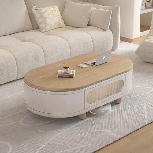 原木奶油风升降茶几餐桌两用二合一多功能可移动客厅家用小户型 - 图1