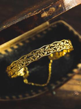 高档9手25银花纹搭镂空简约复古风开口镯属狂潮金百气质手环 金银