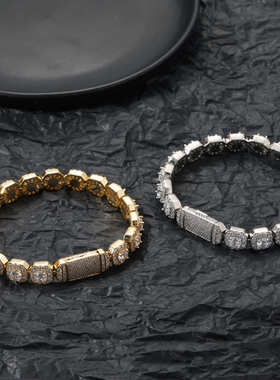 欧美嘻哈项链10mm方形冰糖锆石项链 铜镶满锆盒子扣花形男士项链