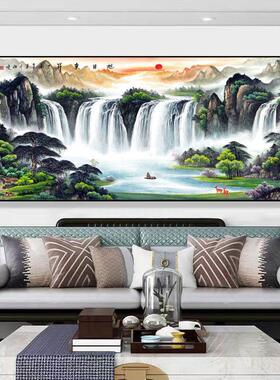 流水生财办公室聚财山水画新中式靠山图挂画客厅沙发装饰画壁画