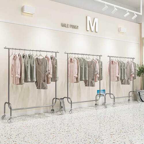 服装店展示架落地式不锈钢拉丝银色挂衣杆带轮子中岛架女装店货架 - 图2