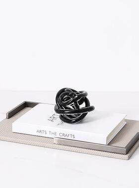 简约现代家居方形把手皮革托盘时尚样板房展厅茶几装饰收纳盘摆件