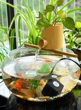 圆形玻璃鱼缸瀑布式过滤器造景循环水古法养鱼增氧三合一流水摆件