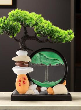 时来运转迎客松流沙画摆件沙漏客厅禅意玄关办公室电视柜软装饰品