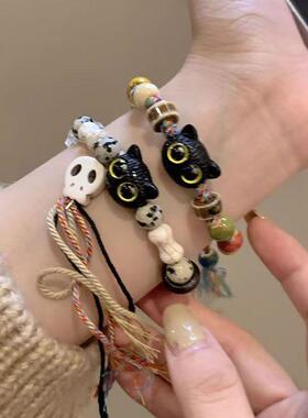 骷髅猫咪陶瓷编织手链女小众设计感甜美中国风流苏彩色手串手饰